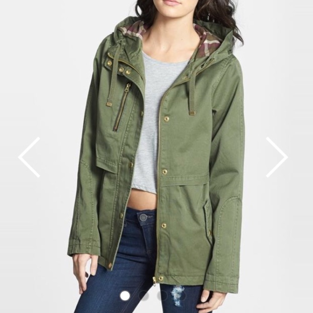 Topshop army green parka with plaid hood
